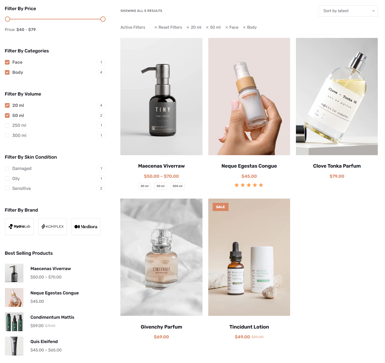 Skincare products filters