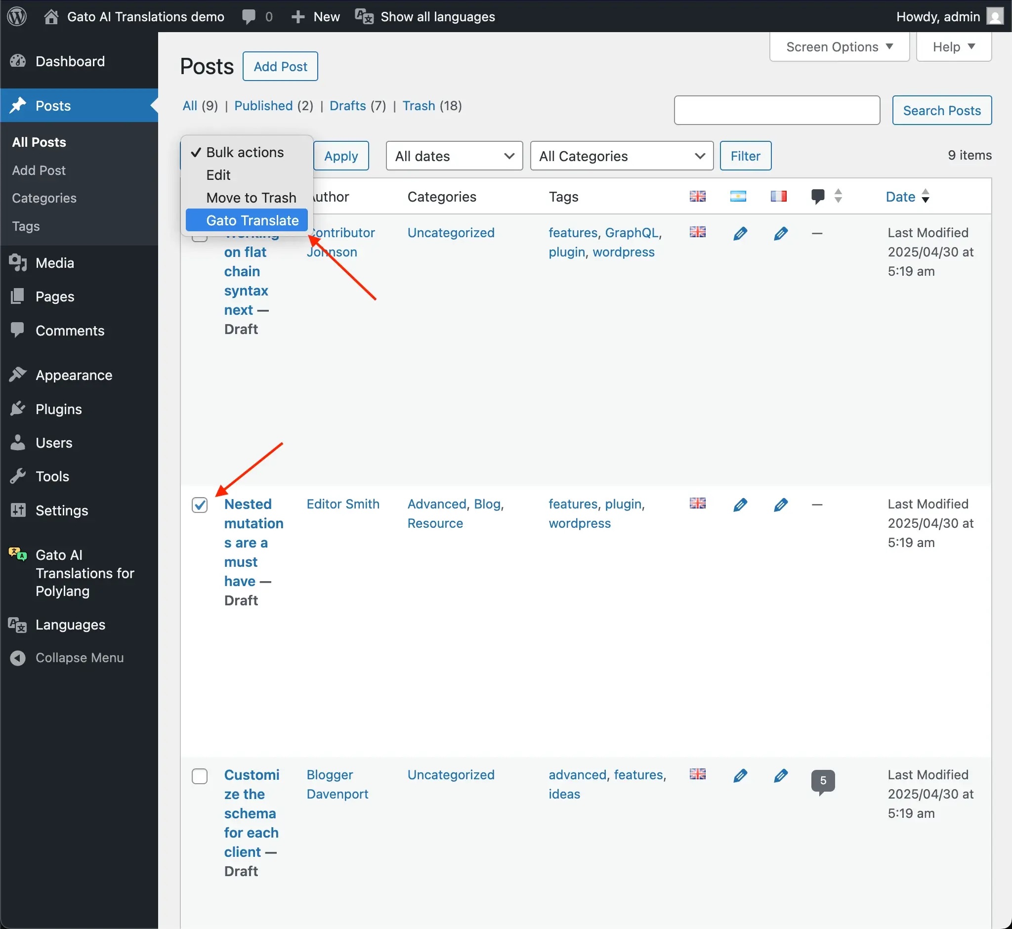 Translating content via Bulk Actions