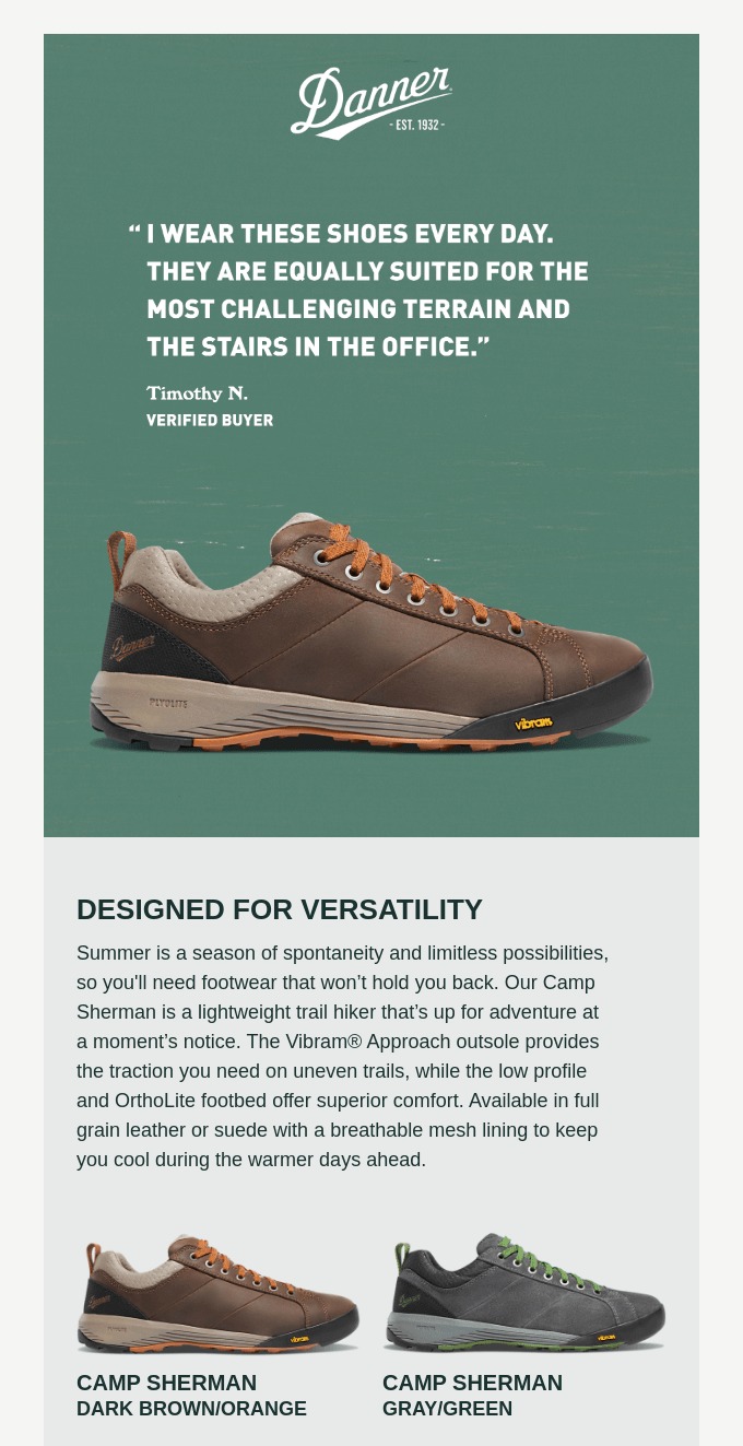 Customer reviews featured in Danner email newsletter