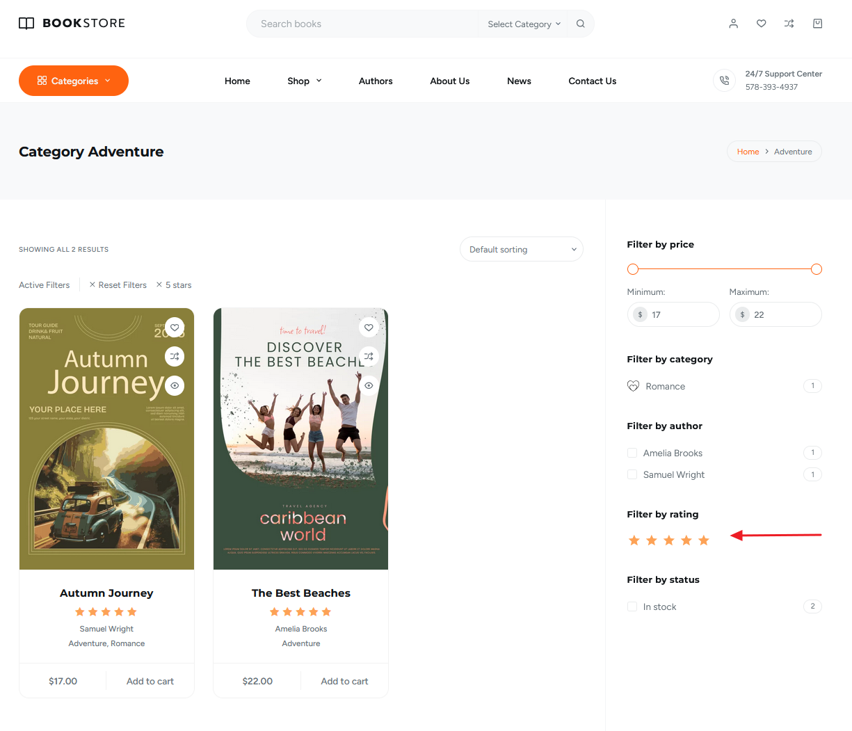 Blocksy's built in filter by ratings option for WooCommerce sites