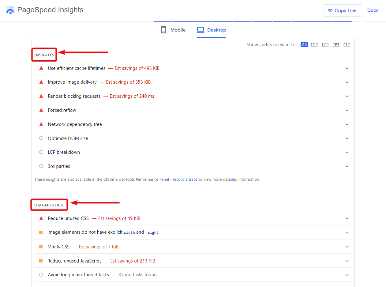 google pagespeed insights and diagnostics