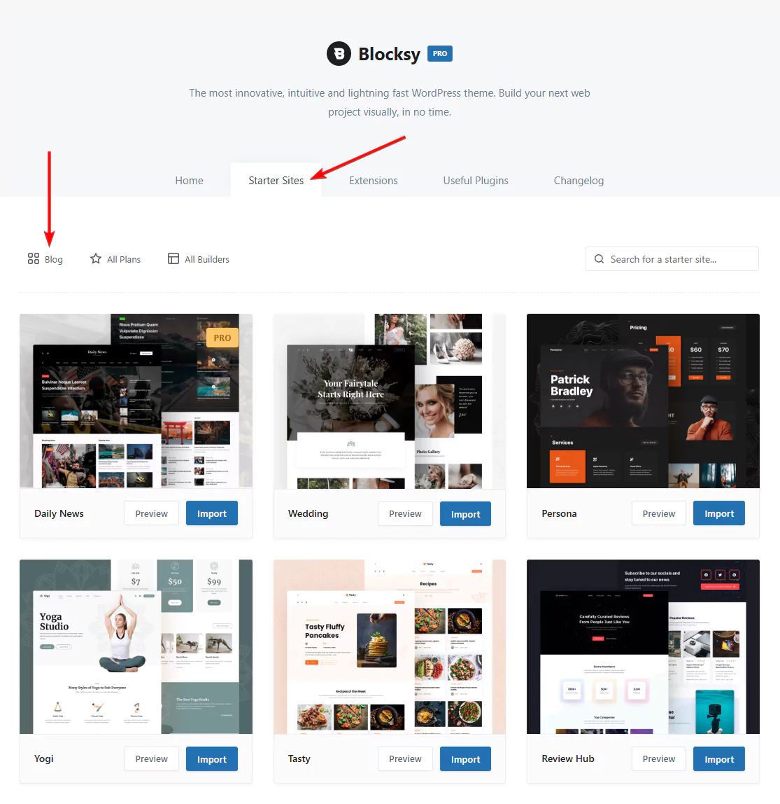 blocksy blogging starter sites