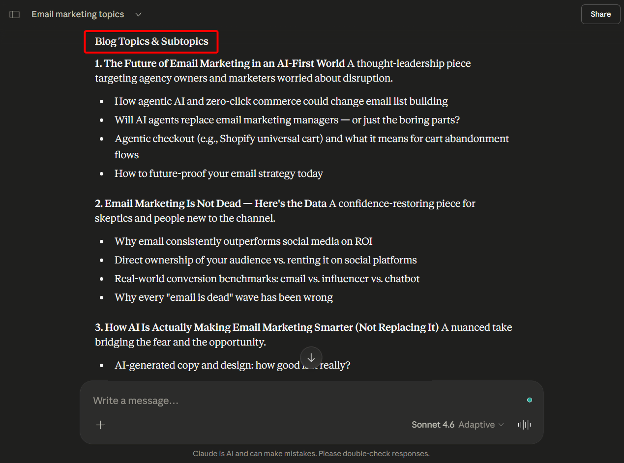content topics suggested by claude ai