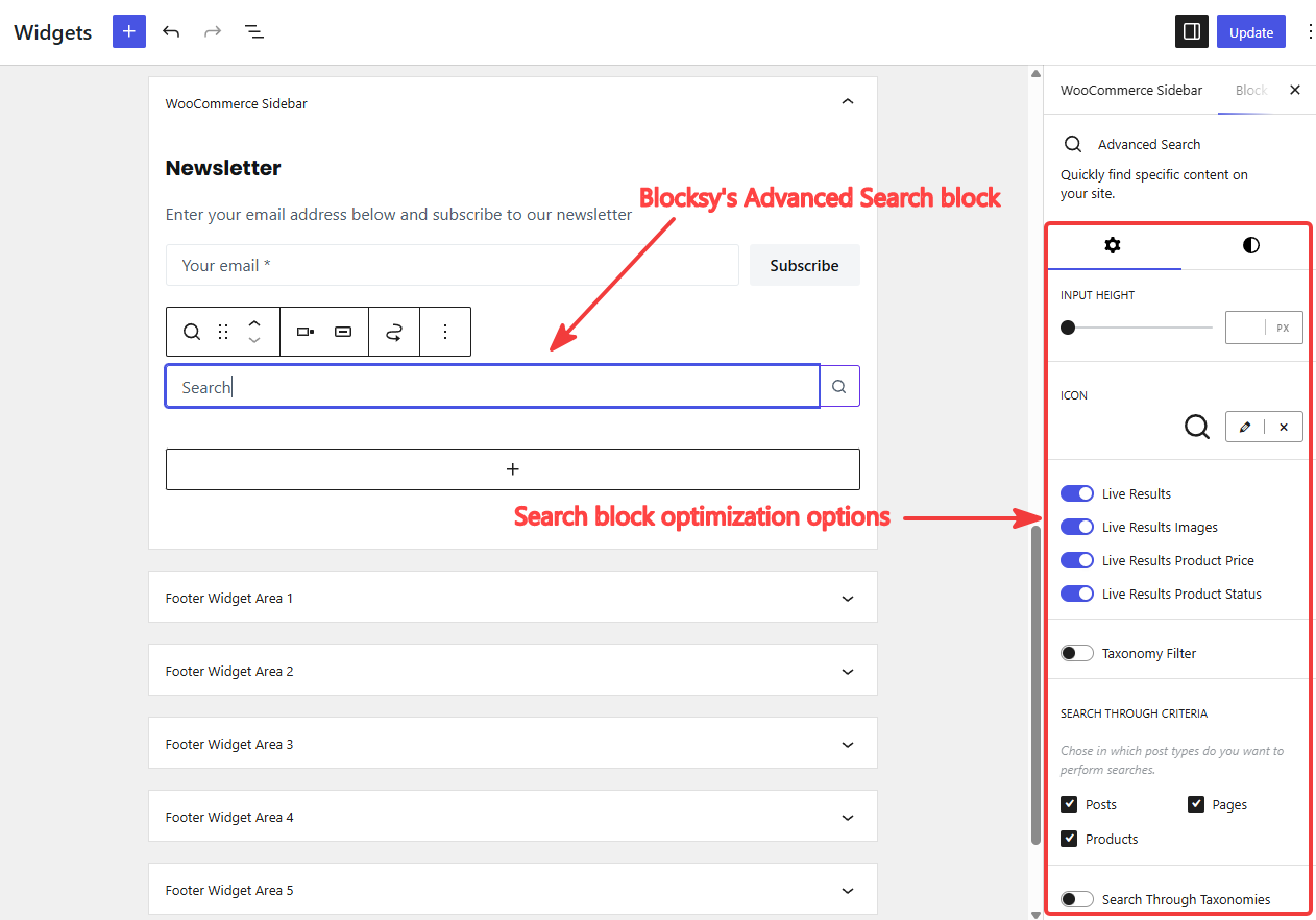 adding blocksy advanced search block in sidebar