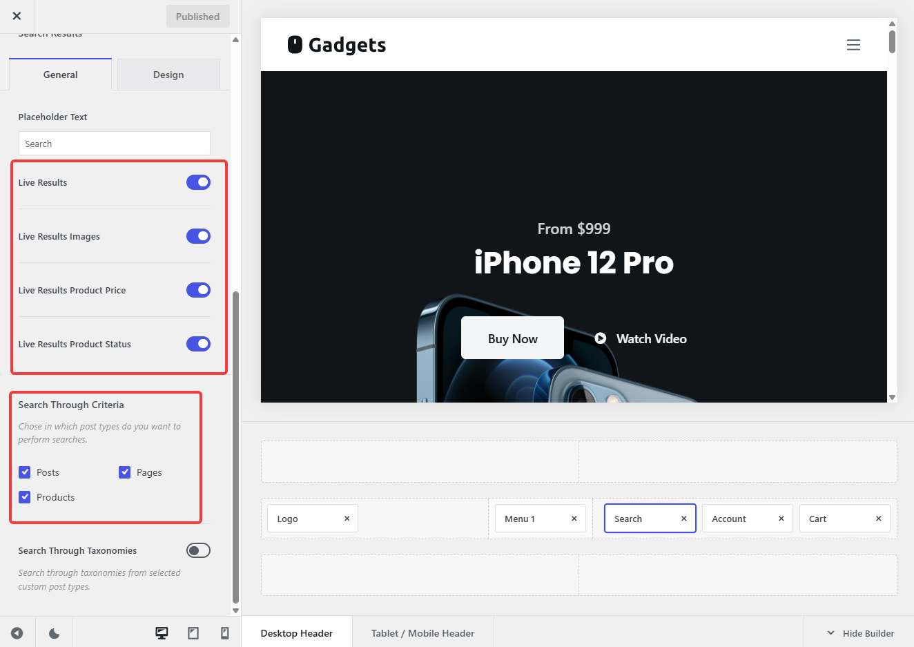 blocksy live search result ajax options