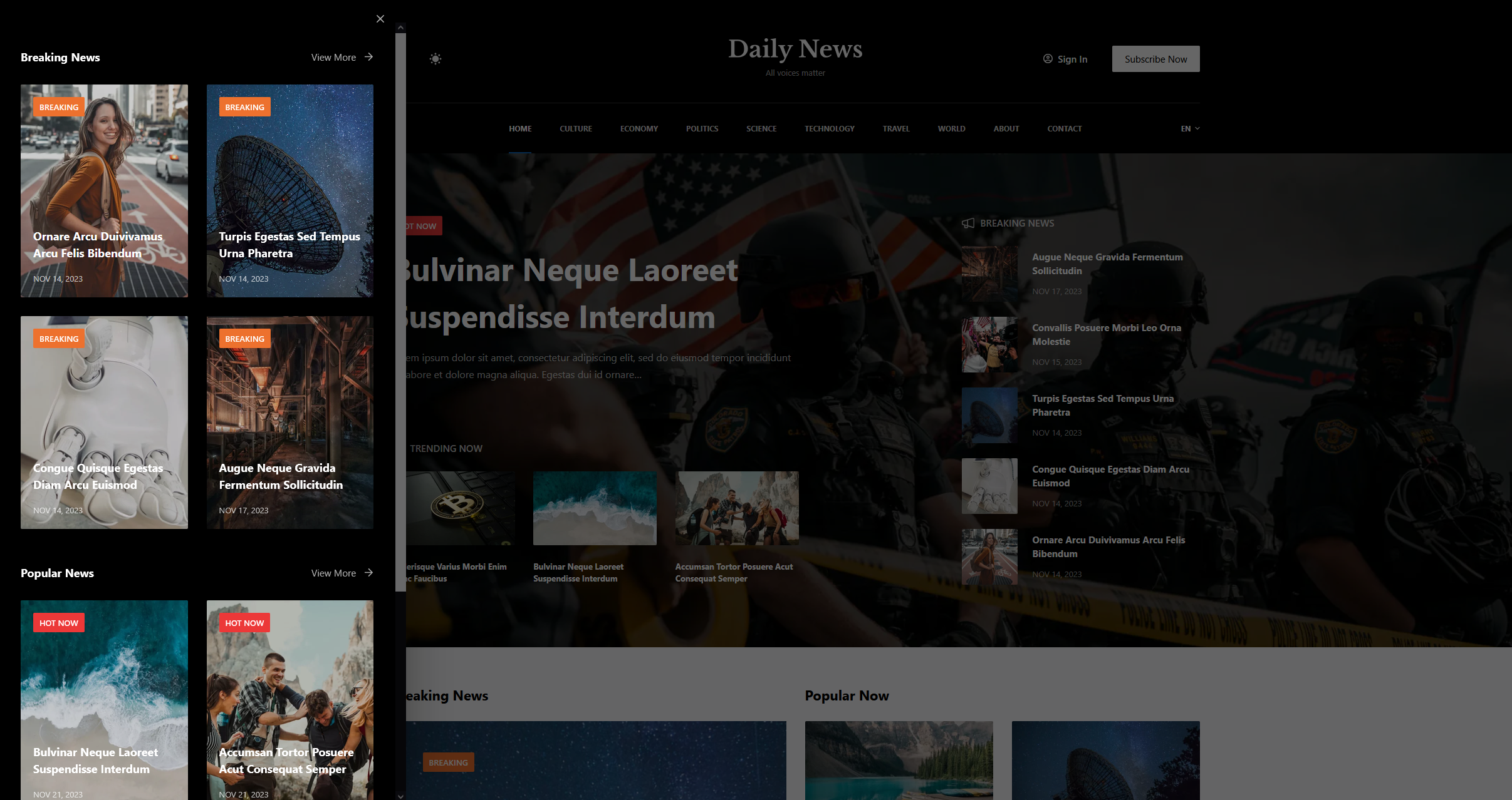 Content website with mega menu