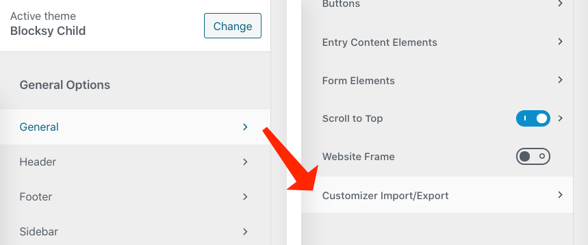 Blocksy import export options