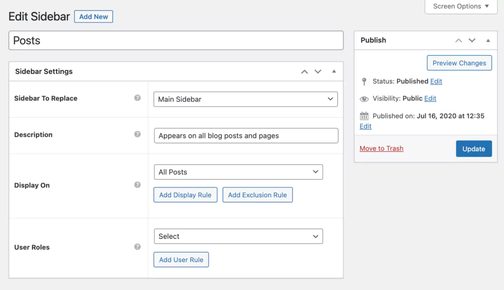 New WordPress custom sidebar