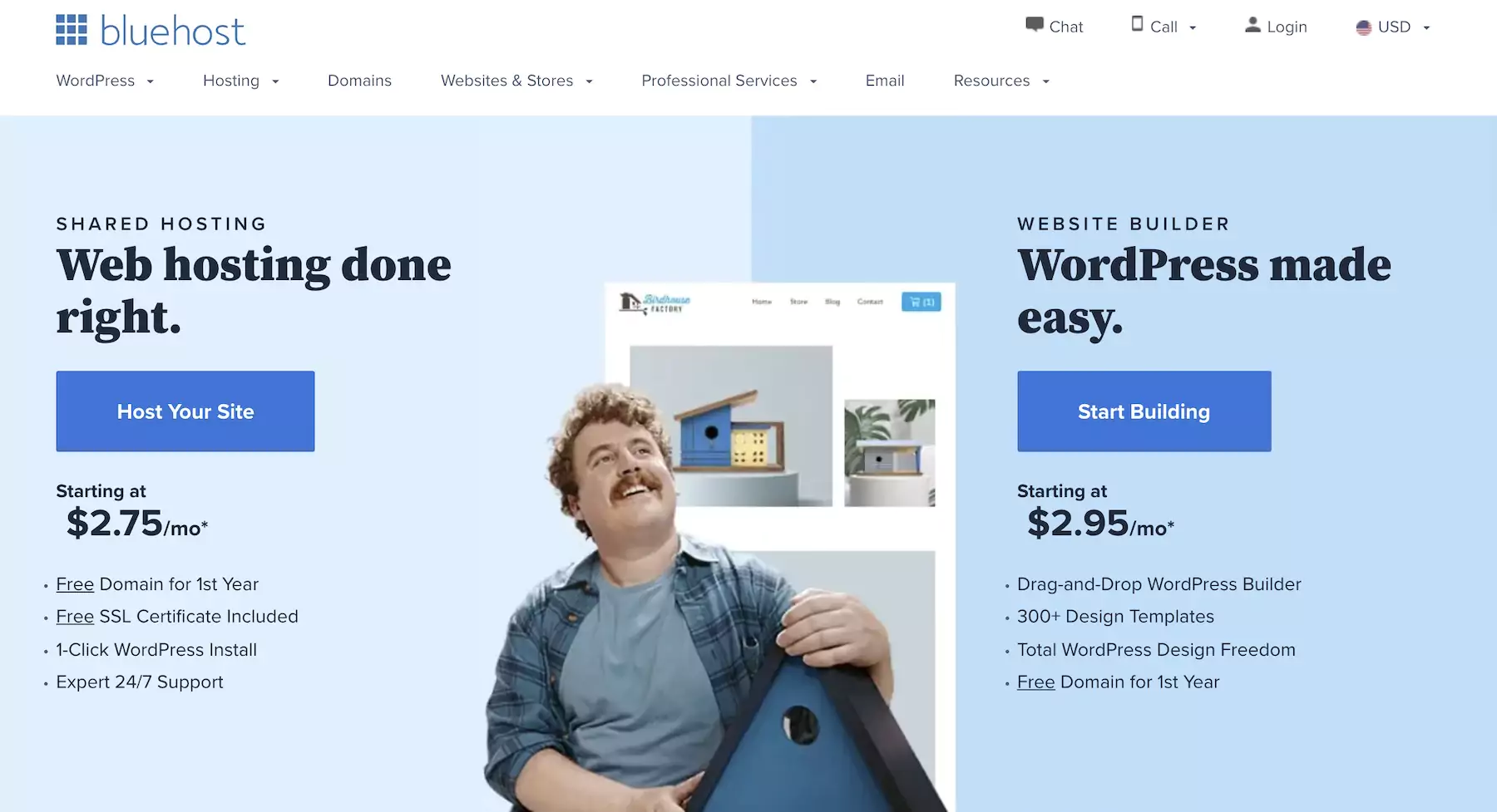 WordPress hosting cost of Bluehost: $2.75