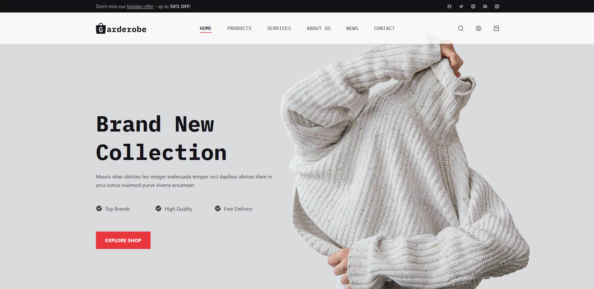 Accessible WordPress theme, example, the homepage of Blocksy's Garderobe starter site