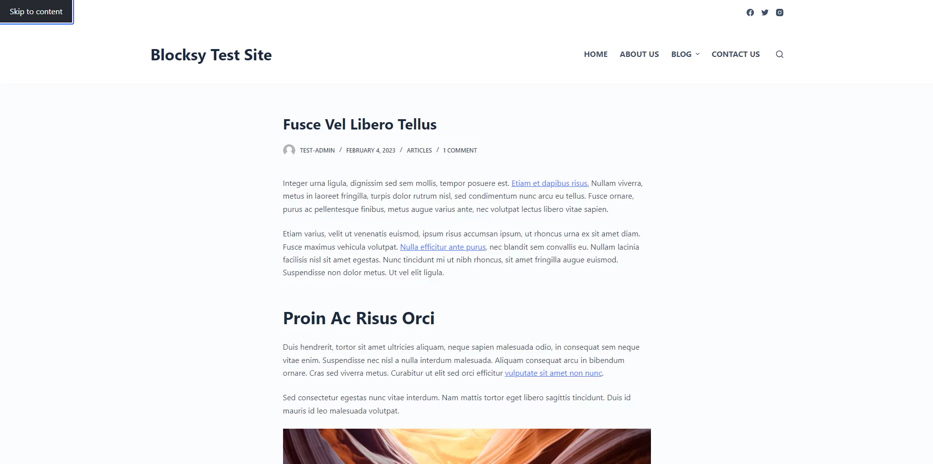 Blocksy test site with Tab navigation, annotated screenshot