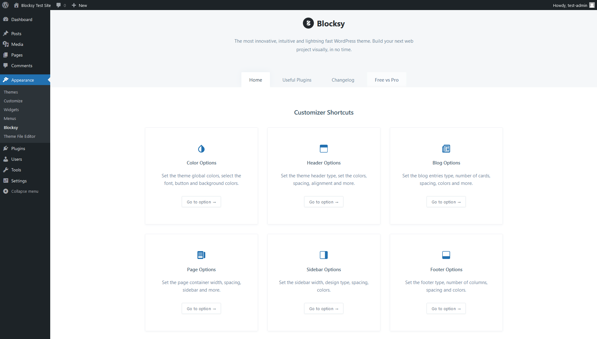 Blocksy's theme dashboard in the WordPress admin area, screenshot