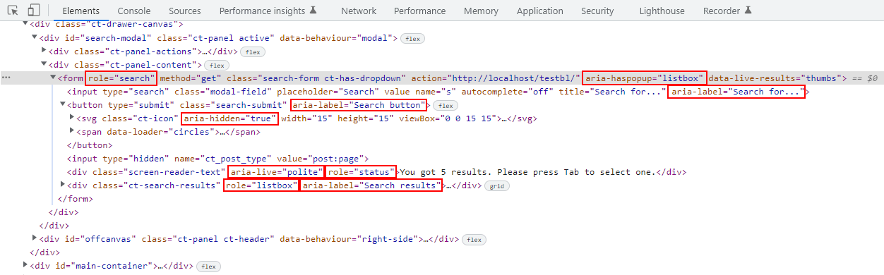 HTML code with ARIA syntax that adds an accessible search form to the page, Chrome DevTools screenshot